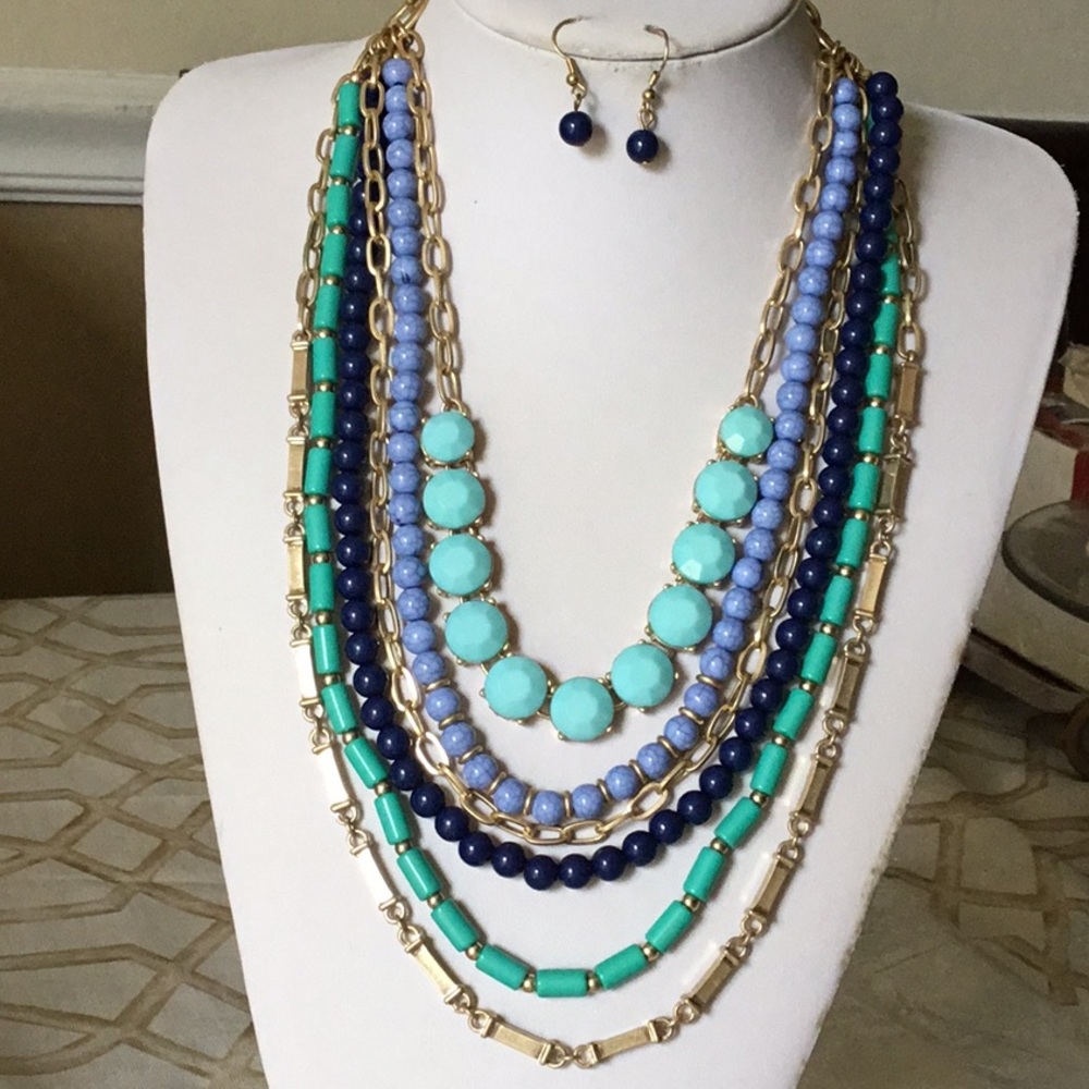 Six Layers Multi blue colors Gold tone Necklace